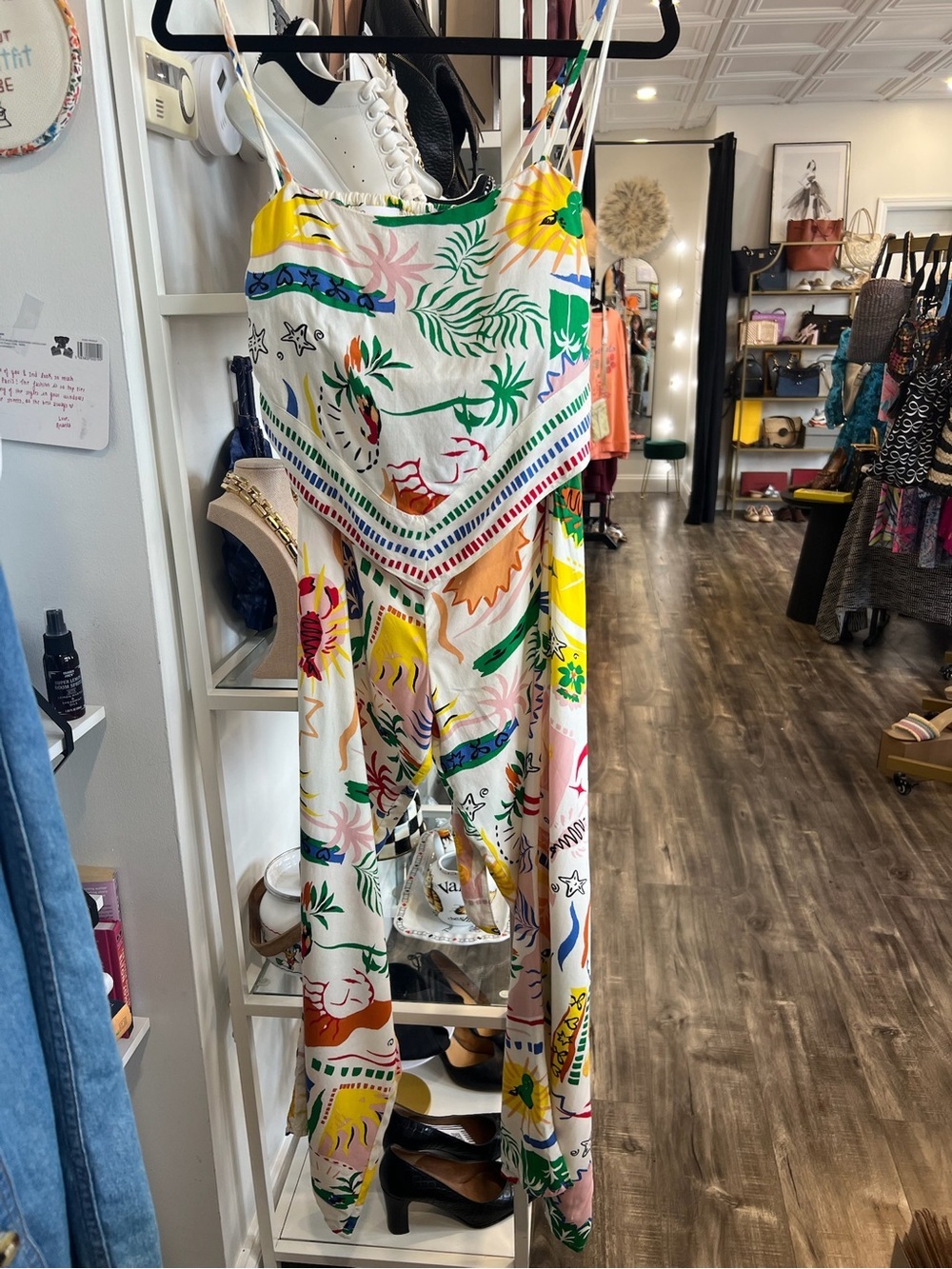 Japna White Tropical Print Wide-Leg Two Piece Set with Multicolor Accents